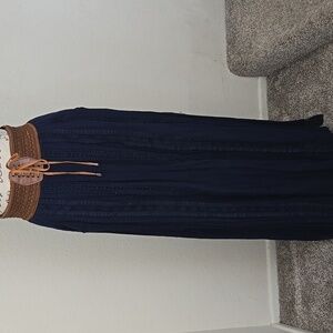 Navy and Tan Leather Lace Up High Waisted Maxi Skirt